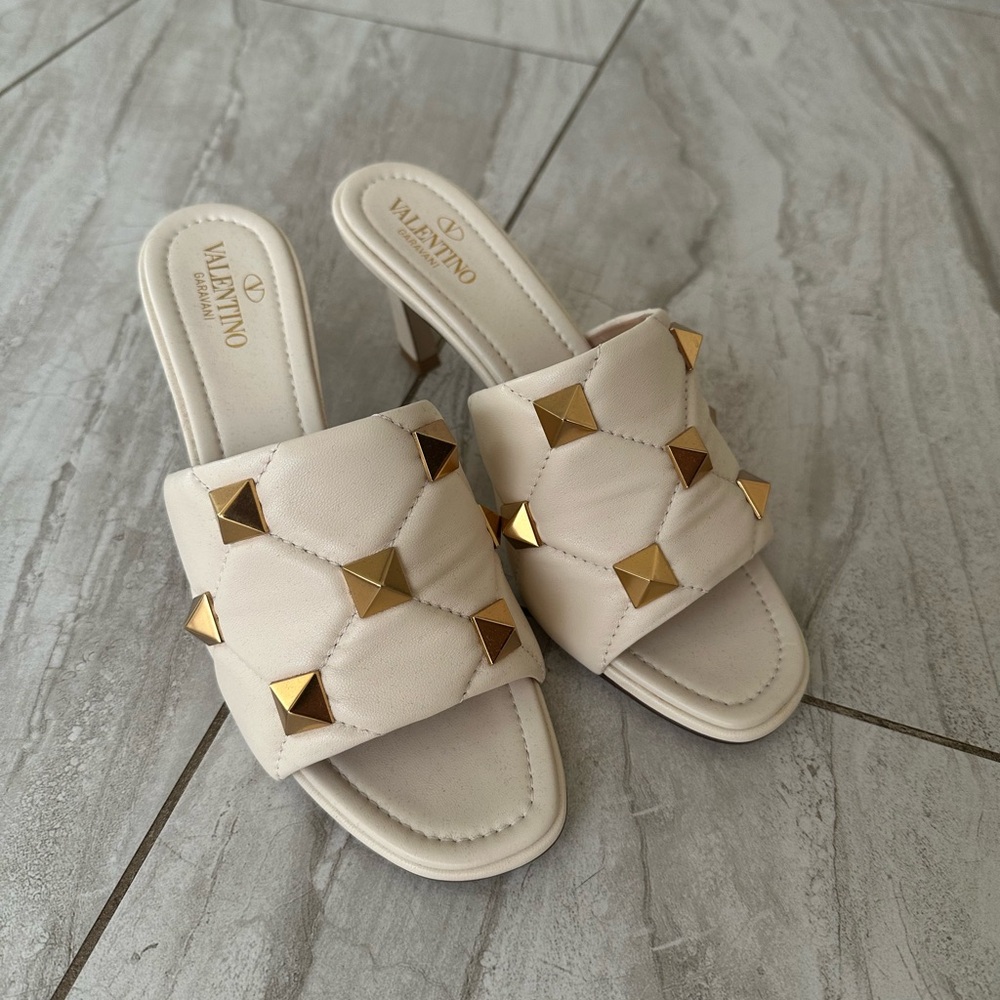 Valentino Cream Gold Mules with Quilted Design